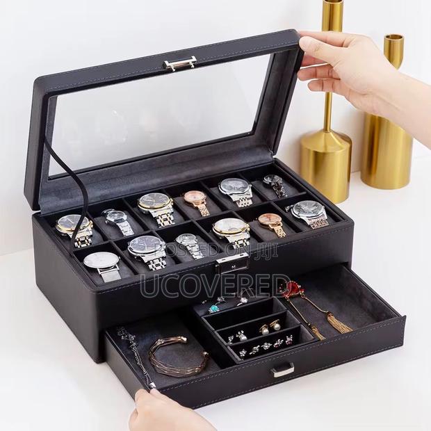 12 Slot Watch Case, With Jewelry Compartment, With Glass Lid · Photo 3