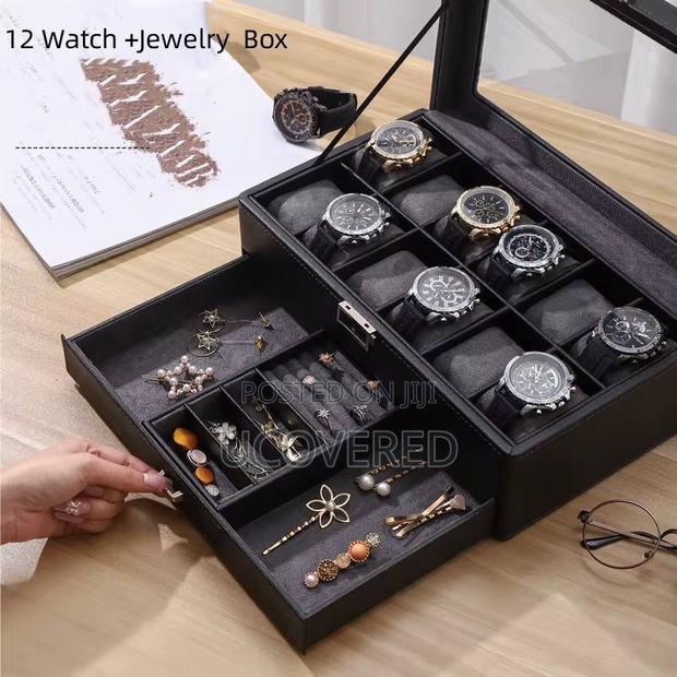 12 Slot Watch Case, With Jewelry Compartment, With Glass Lid · Photo 4