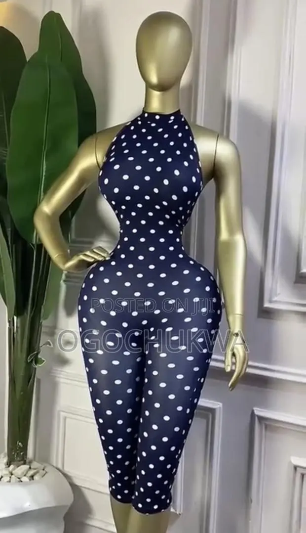 `Navy Blue White Polka Dot Halter Bodycon Jumpsuit` · Photo 1