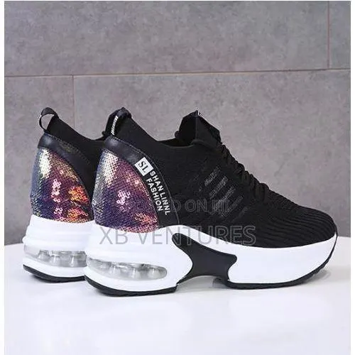Women's Thick-Soled Sequined Sneakers - Black