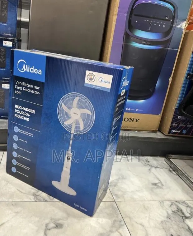 Well Design Midea 18” Rechargeable Standing Fan(White). · Photo 1
