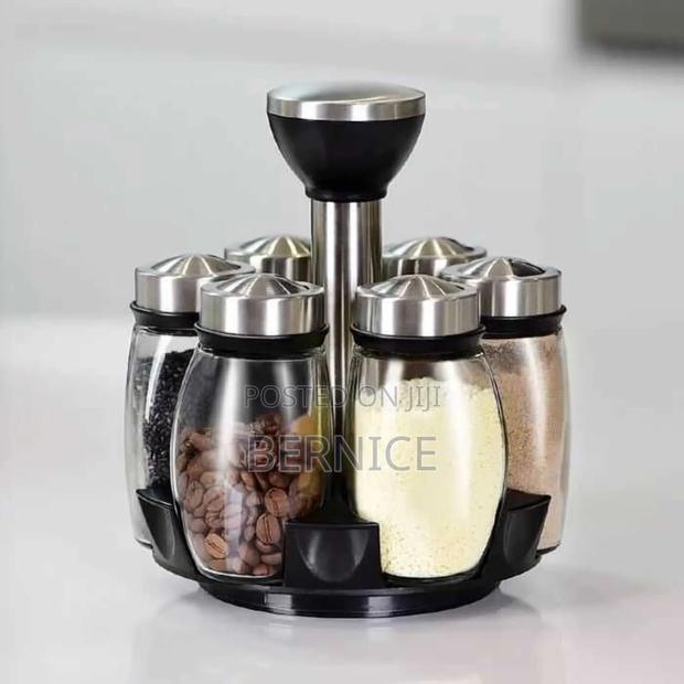 6-piece Spice Jar Set With Rotating Stand – Glass Stainless Steel · Photo 1