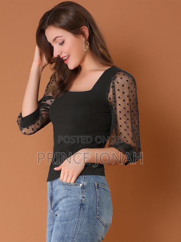 Retro Square Neck Tops Slim Fit Semi Sheer 3/4 Mesh Sleeve Top · Photo 3