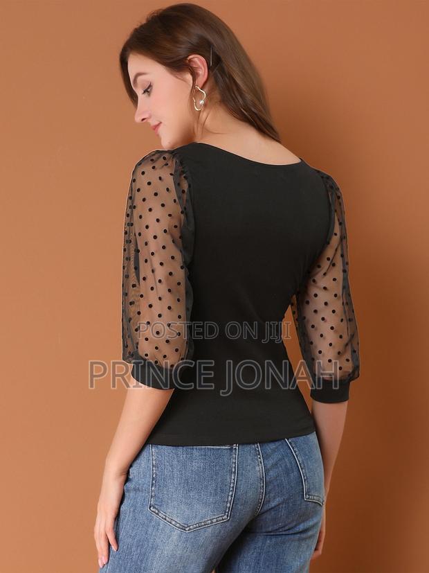 Retro Square Neck Tops Slim Fit Semi Sheer 3/4 Mesh Sleeve Top · Photo 1