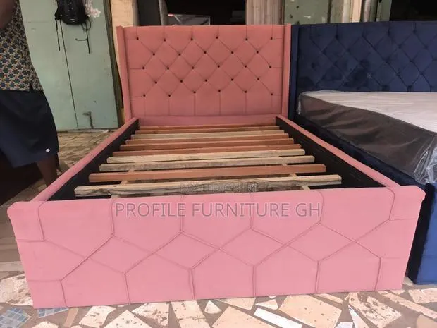 Baby Pink Suede Fabric Bedframe · Photo 1