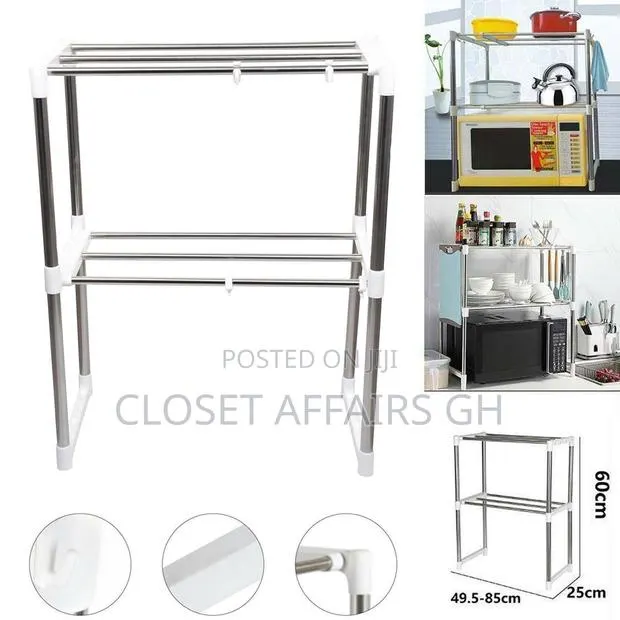 2-Tier Stainless Steel and Plastic Telescopic Microwave Shelf Rack. · Photo 1