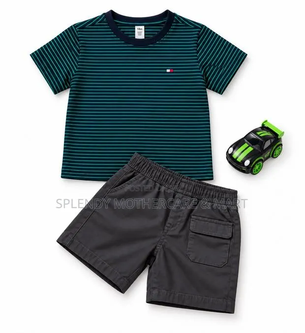 Boys' Navy & Green Striped T-Shirt and Shorts Set · Photo 1