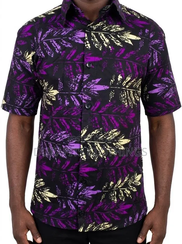 Men’s Black & Purple Leaf African Print Shirt · Photo 1