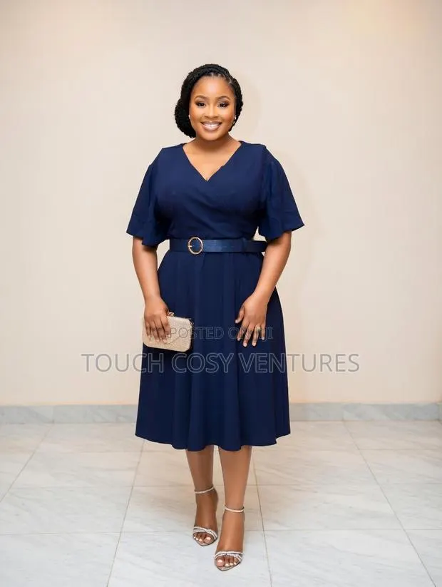 Elegant Navy Blue v-Neck Flutter Sleeve Belted Midi Dress · Photo 1