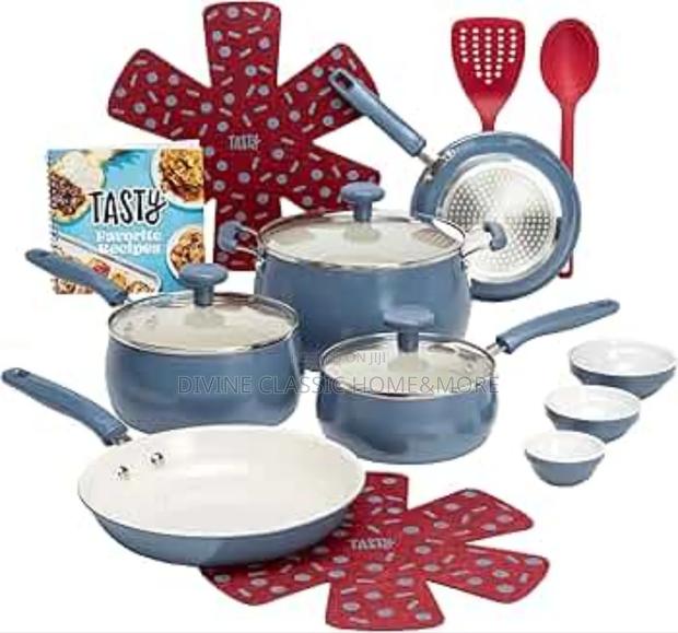 Tasty Clean Ceramic 16pcs Non-Stick Aluminium Cookware Set, Slate Blue · Photo 2