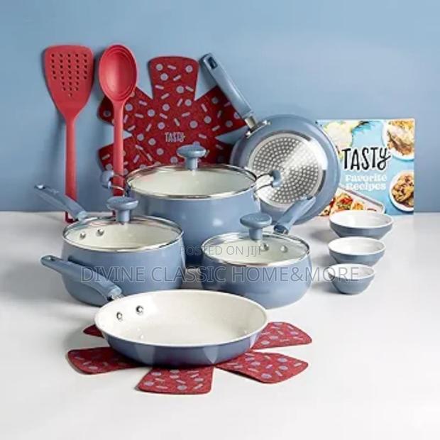 Tasty Clean Ceramic 16pcs Non-Stick Aluminium Cookware Set, Slate Blue · Photo 1