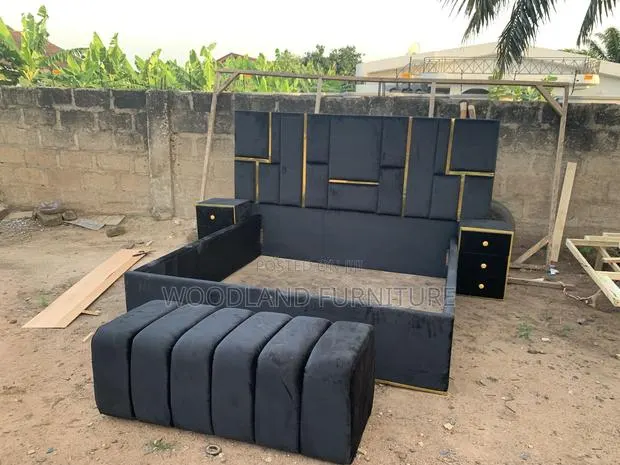 Modern Black & Gold Geometric Bed Frame With Integrated Nightstands · Photo 1