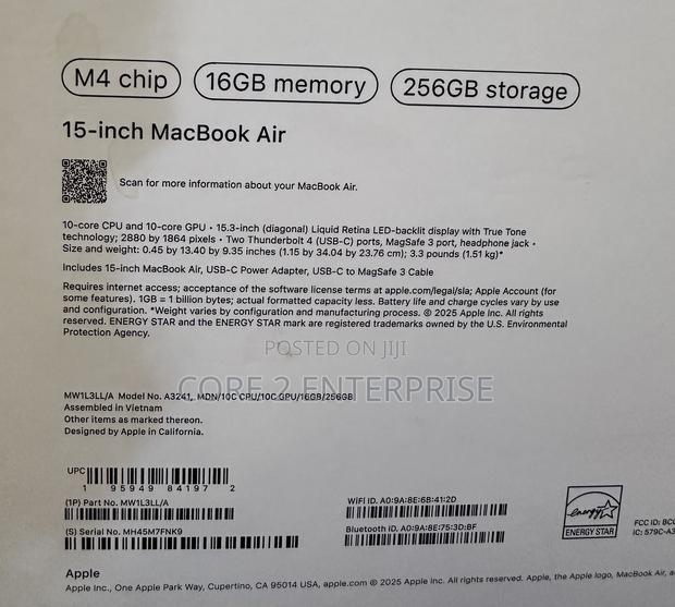 New Laptop Apple MacBook Air 2025 M4 15-Inch 16GB Apple M4 SSD 256GB · Photo 1