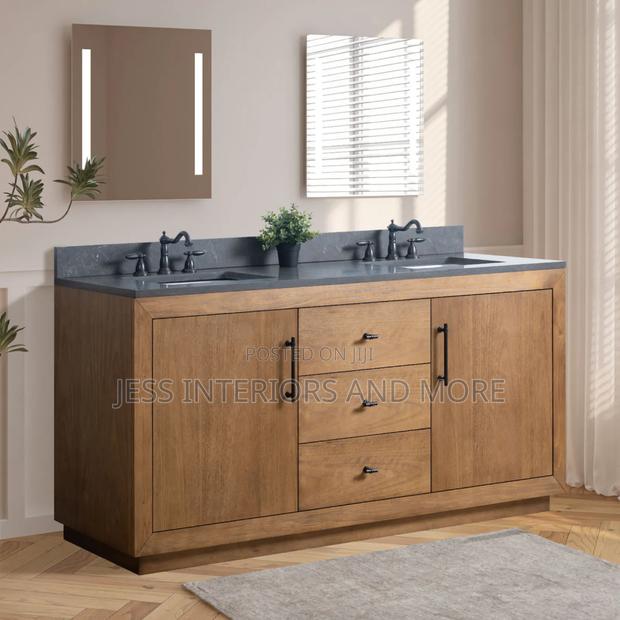 Double Sink Bathroom Vanity With Black Limestone Top · Photo 1