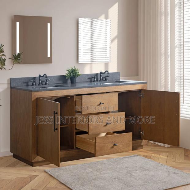 Double Sink Bathroom Vanity With Black Limestone Top · Photo 3