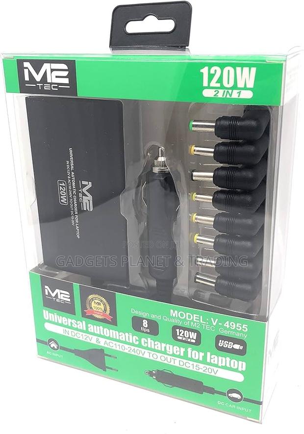 M2 Tec 8tips Universal Automatic Laptop Charger- 120w Car Dc & Wall Ac
