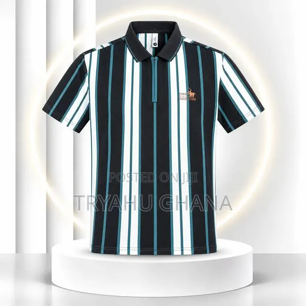 TRYAHU Premium Black, Teal & White Striped Zip Polo · Photo 1