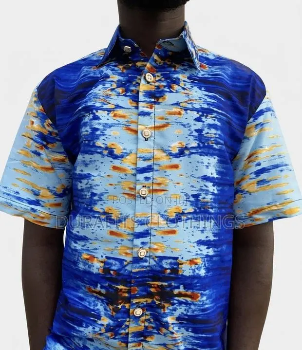 Men’s Blue Ocean Ripple Abstract Batik Short-Sleeve Shirt · Photo 1