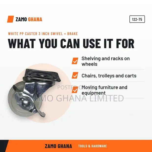 White Pp Caster 3 Inch Swivel + Brake - 122-75 · Photo 1
