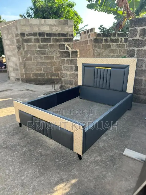 Gray and Cream Leather Double Bed Frame · Photo 1