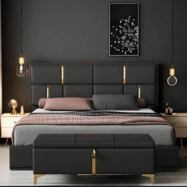 Black and Gold Queen Size Bed Frame and Ottoman · Photo 1