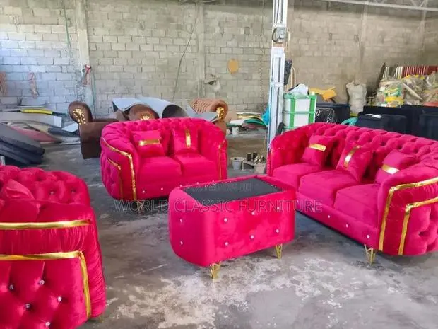 Luxury Royal Tufted Velvet Sofa Set – Red/Burgundy With Gold Trim · Photo 1