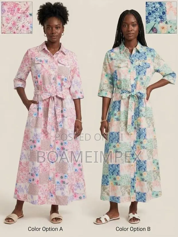 Women’s Floral Button-Down Shirt Dress With Waist Tie Pink/Blue/Green · Photo 1