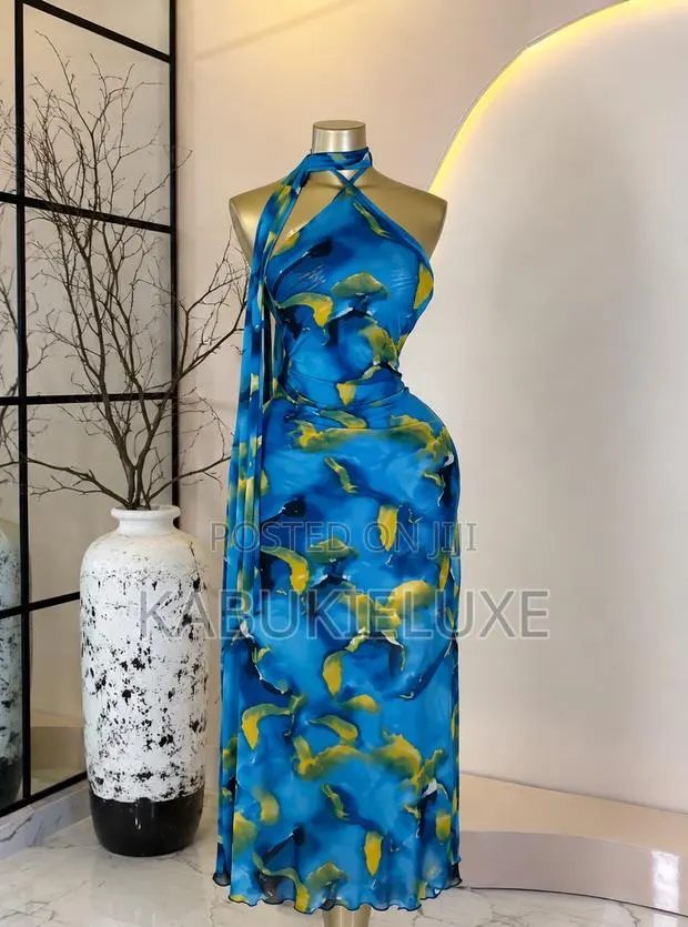 Blue Printed Halter Neck Maxi Dress – Elegant Stylish · Photo 1