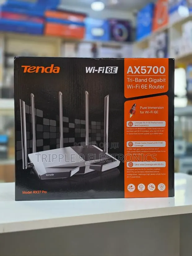 Tenda RX27 Pro (AX5700) Tri-Band Gigabit Wi-Fi 6E Router.