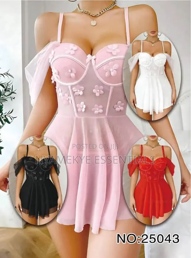 Mesh Flower Night Wear Dress With G-String--4 Colos · Photo 1
