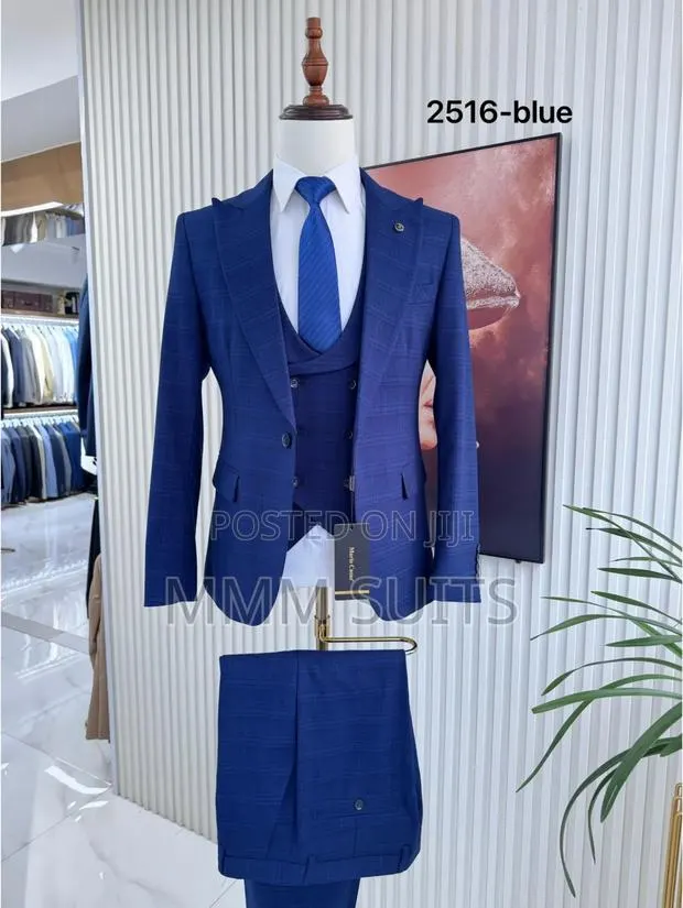 Quality 3-Piece Men Checked Suit Melano Navy Blue in All Sizes · Photo 1