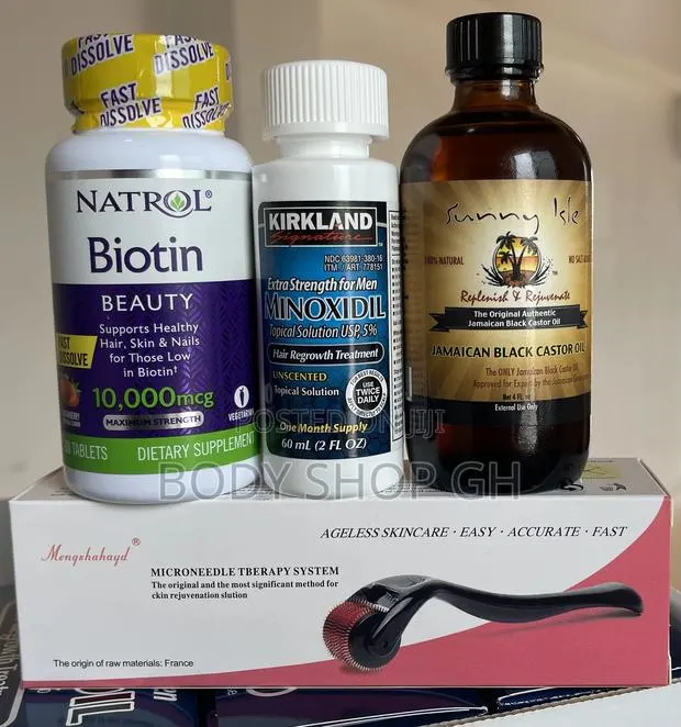 Beard Growth Pack - Kirkland + Biotin + Roller+ Castor Oil · Photo 1