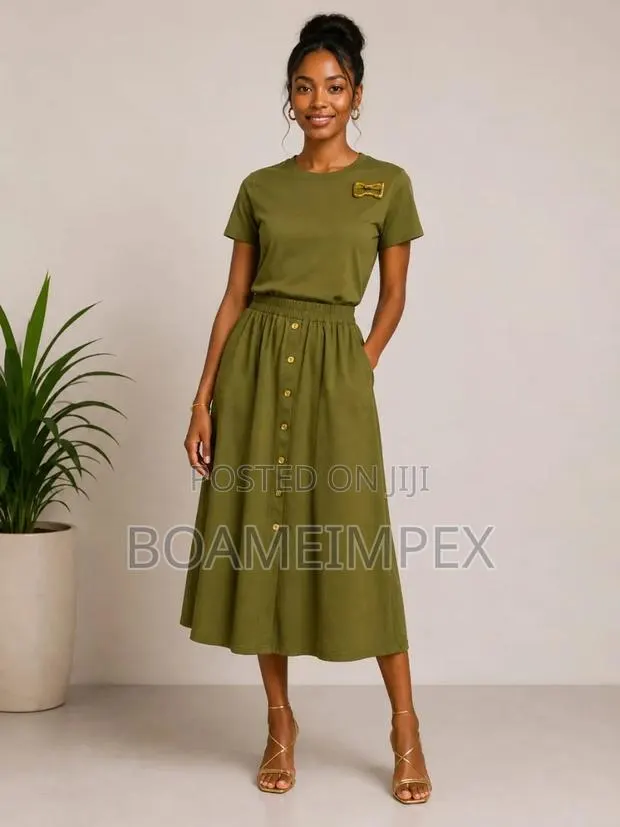 Women’s 2Piece Top Button-Front Skirt– Brown/Cream/Black/Green · Photo 1