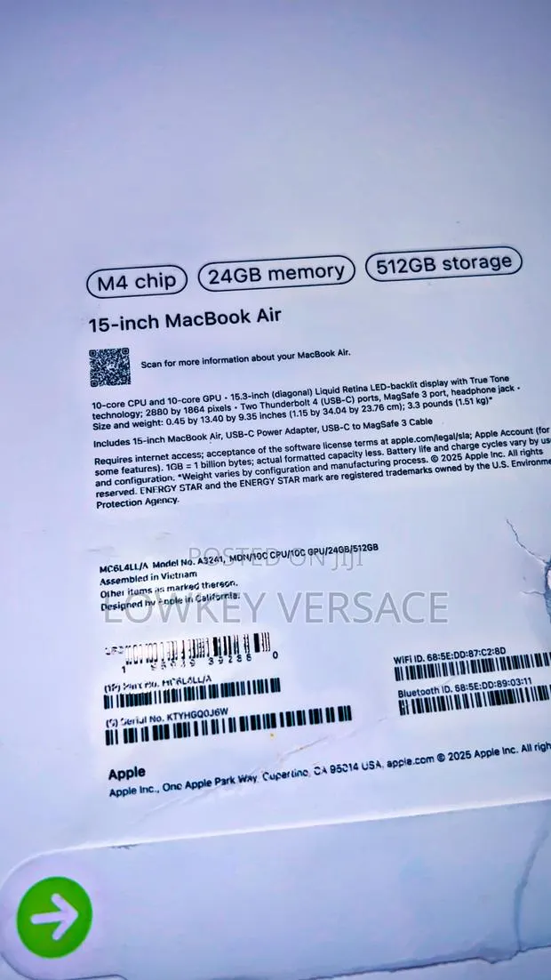 New Laptop Apple MacBook Air 2025 M4 15-inch 24GB Apple M4 SSD 512GB