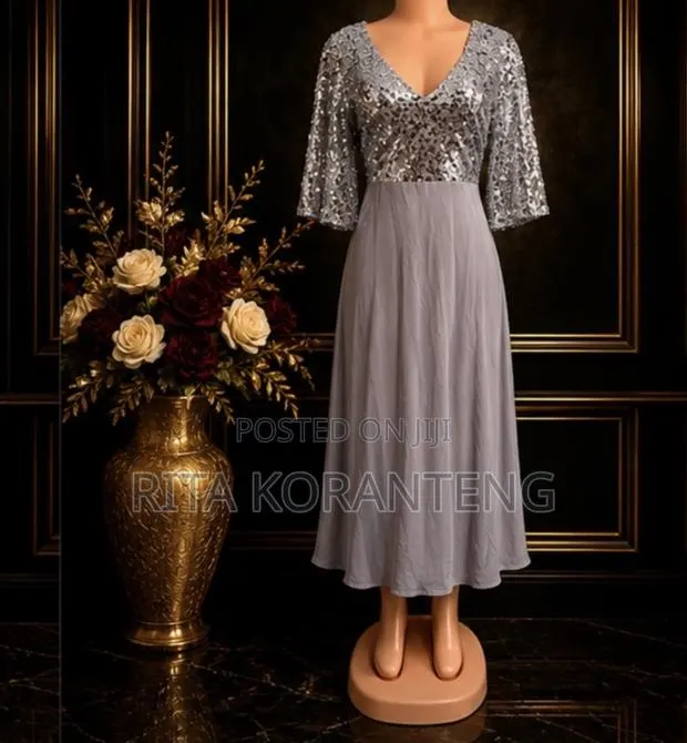 UK Silver Sequin + Grey Chiffon Dress · Photo 1