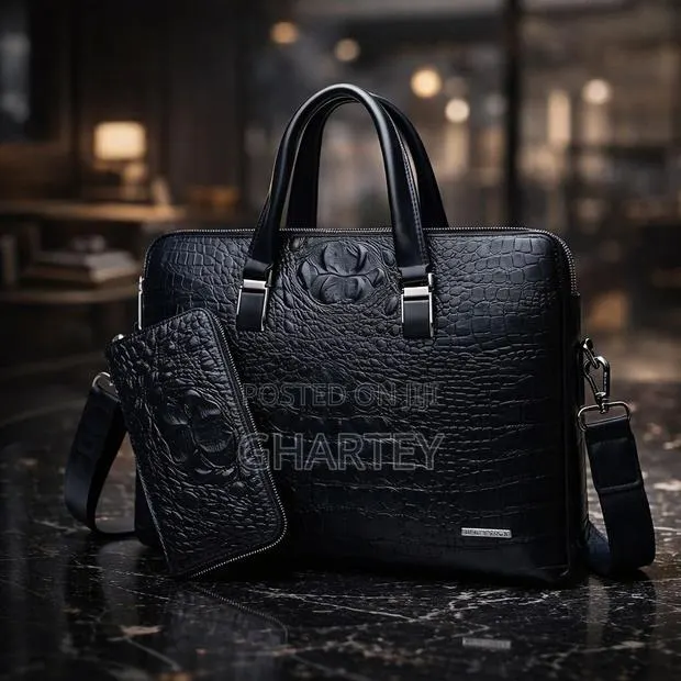 Croc‐Embossed Leather Briefcase Removable Pouch Professional Style · Photo 1