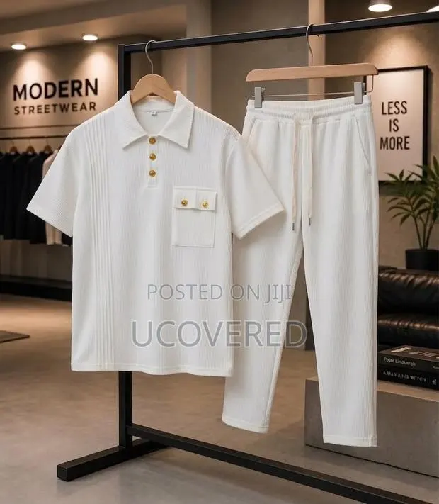 Two-Piece Set Features a Waffle-Knit Short-Sleeve Polo With Trousers · Photo 1