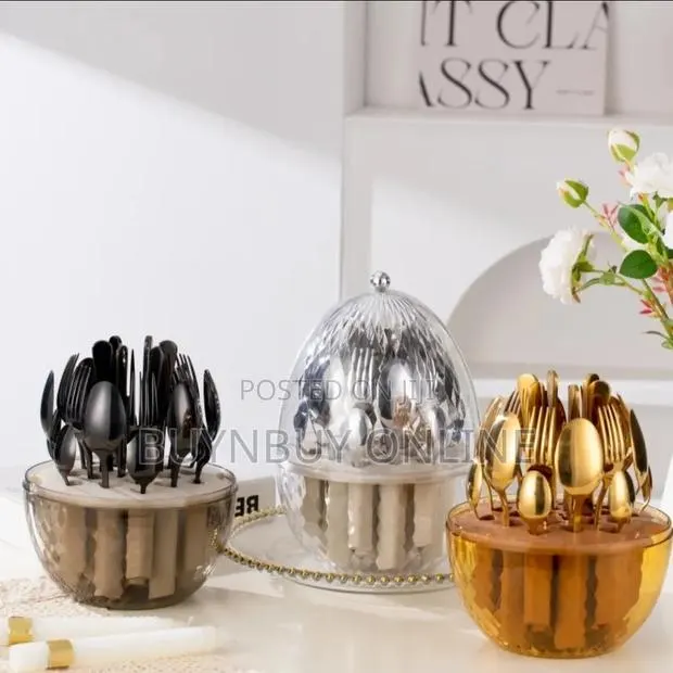 24 Piece Cutlery Set in Rotating Egg-Shaped Box Gold, Black or Silver · Photo 1