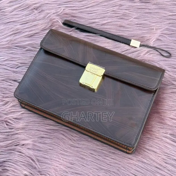Coffee Brown, Mont Blanc Push Lock Leather Men’S Hand Bag · Photo 1