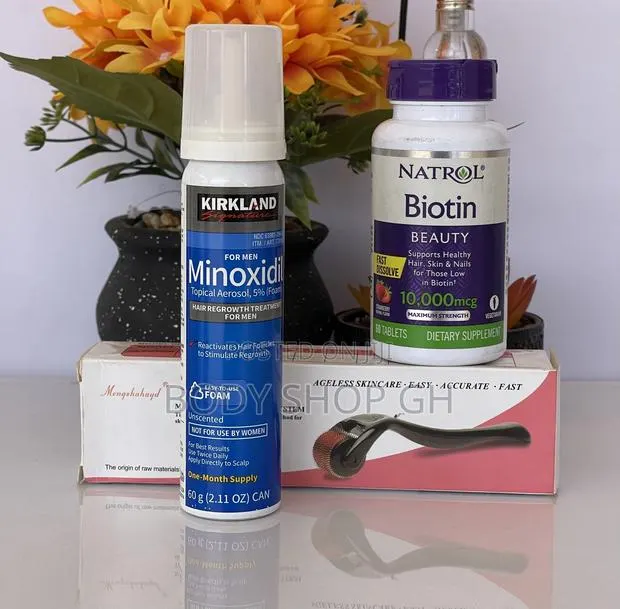 Kirkland Minoxidil Foam + Natrol Biotin + Derma Roller · Photo 1
