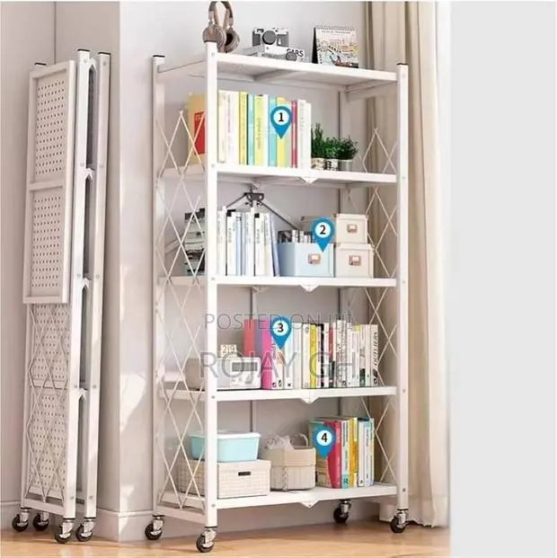 5-Tier Heavy Foldable Storage/Kitchen Duty Rack With Wheels - White · Photo 1