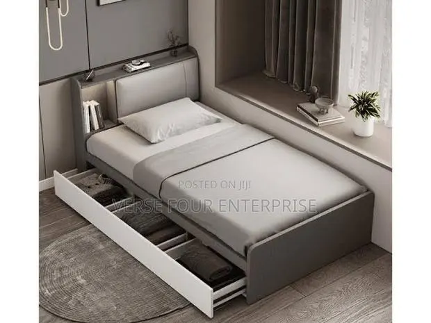 Single Storage Bed With Padded Headboard and Pull-Out Drawer