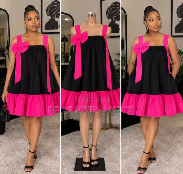 Noir Charm Dress – Women's Two-Tone Flare Dress With Bow & Ruffle Hem · Photo 1