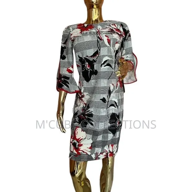 Houndstooth Floral Three-Quarter Sleeve Dress · Photo 1
