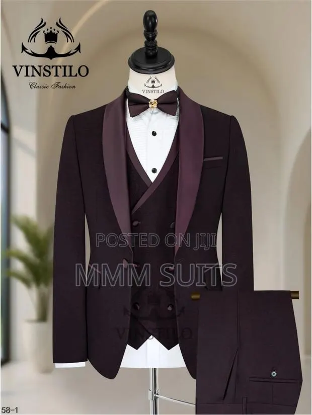 Classic Turkish Round Lapel 3-Piece Tuxedo Men's Suit in Burgundy · Photo 1