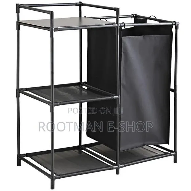 Black Multi-shelf Storage Rack With Laundry Hamper · Photo 1
