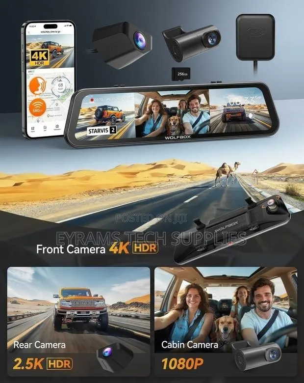 WOLFBOX 4K 3-Channel Dash Cam (Front, Rear & Cabin) + GPS · Photo 1