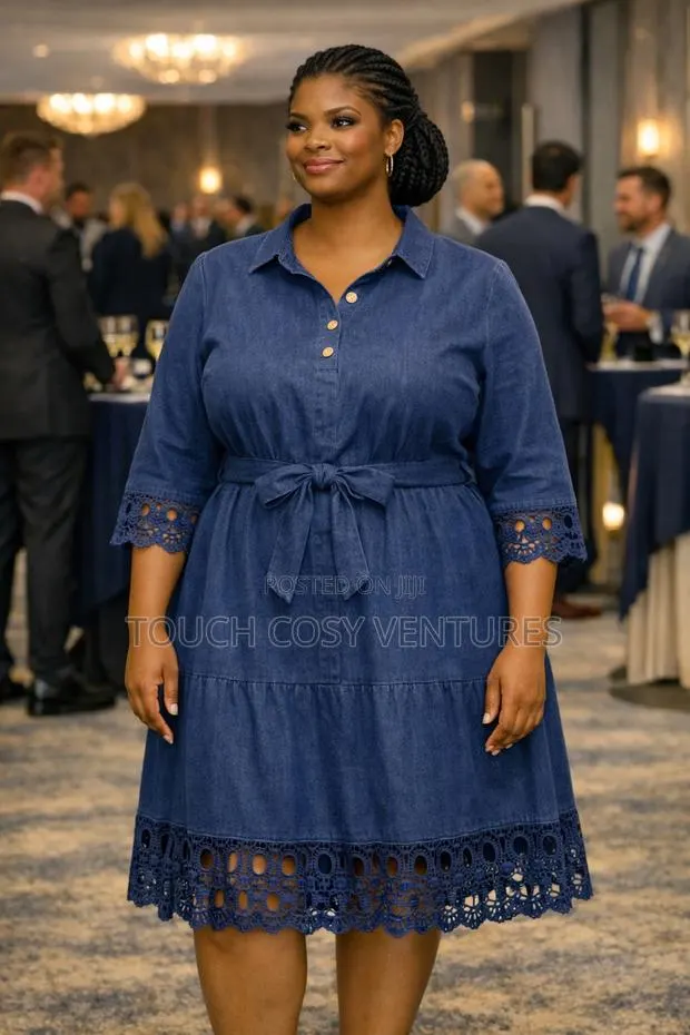 Chic Blue Denim Lace Trim Midi Dress( L,Xl,2xl/Uk Size 12,14,16) · Photo 1