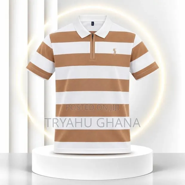 TRYAHU Premium Tan & White Striped Zip Polo · Photo 1