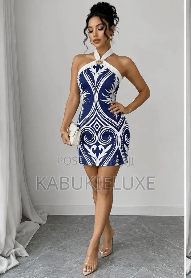 Blue White Halter Mini Dress · Photo 1